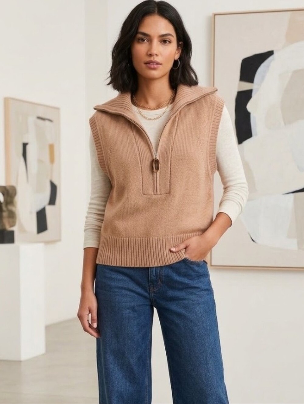 Women's Joie Quarter-Zip Sweater Vest Tan size XL
